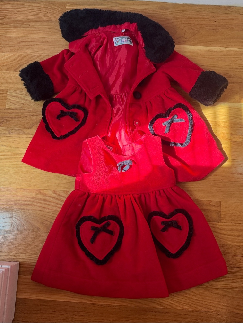 Vintage Red Heart Velvet Dress & Coat Set for Kids